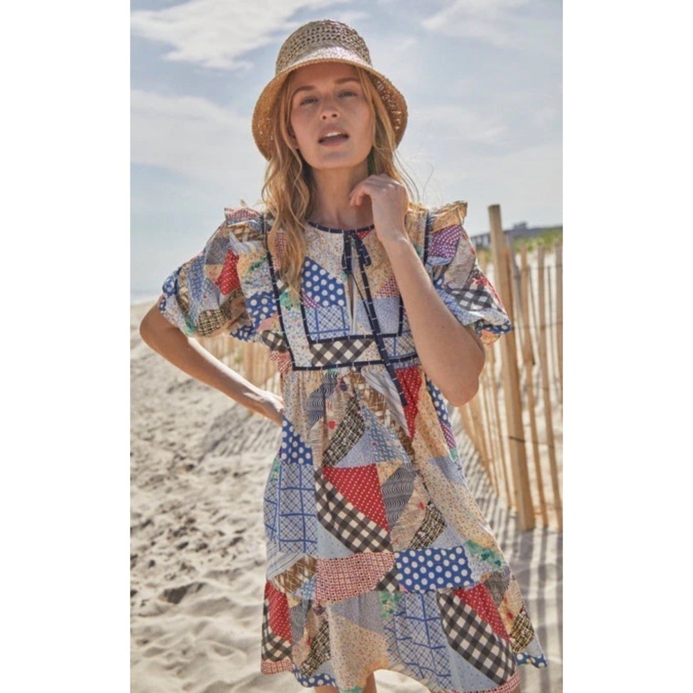 HUNTER BELL Patchwork Multicolor Cotton Tiered Dress